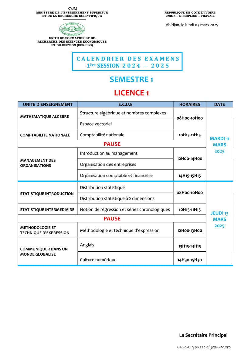 Licence 1: 1ere SESSION 2024-2025 semetre 1